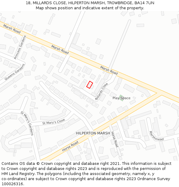 18, MILLARDS CLOSE, HILPERTON MARSH, TROWBRIDGE, BA14 7UN: Location map and indicative extent of plot