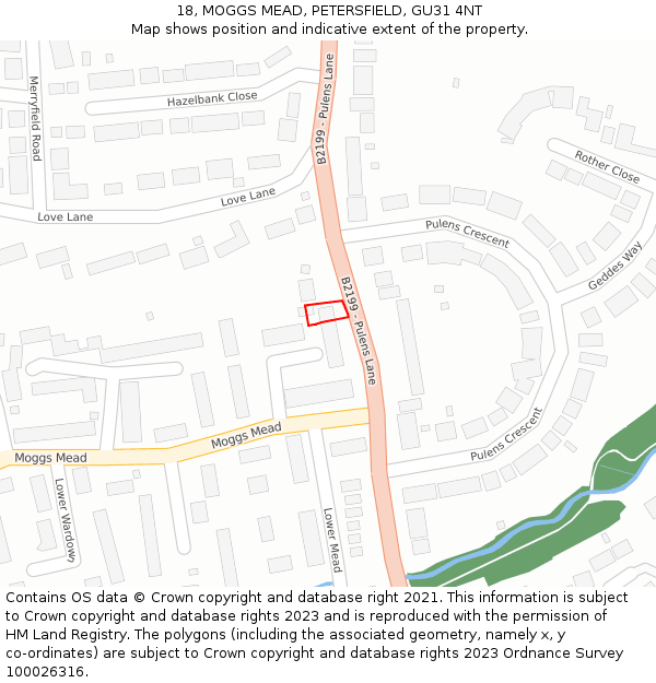 18, MOGGS MEAD, PETERSFIELD, GU31 4NT: Location map and indicative extent of plot