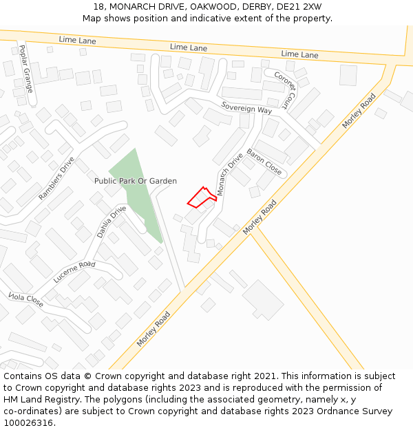 18, MONARCH DRIVE, OAKWOOD, DERBY, DE21 2XW: Location map and indicative extent of plot