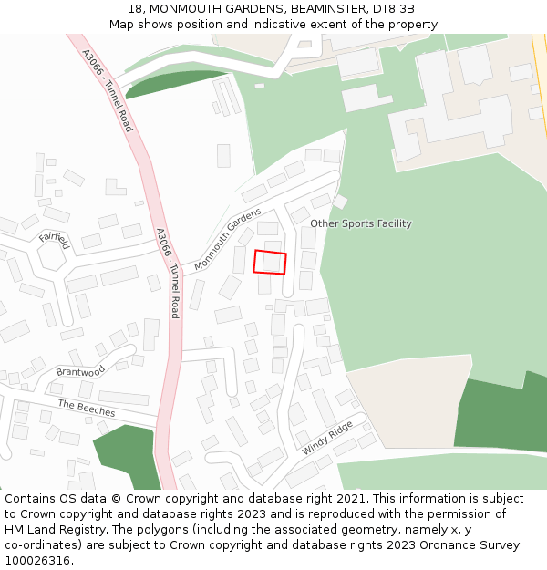 18, MONMOUTH GARDENS, BEAMINSTER, DT8 3BT: Location map and indicative extent of plot