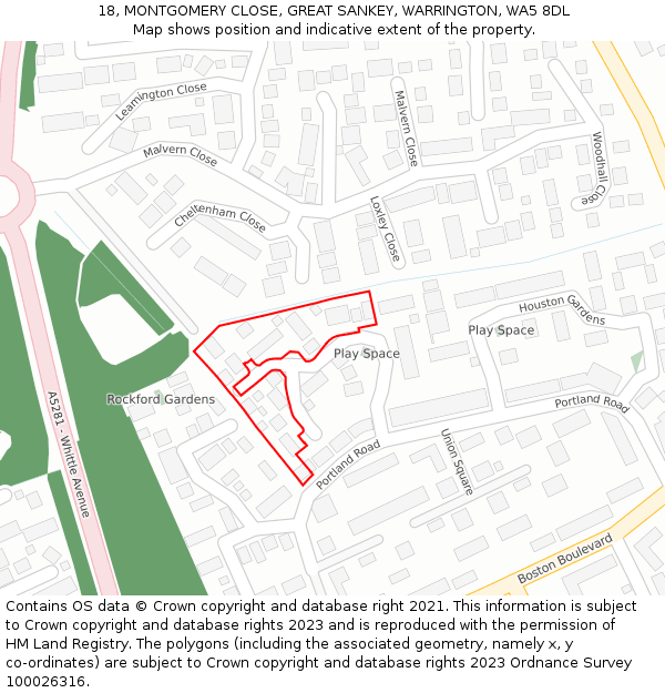 18, MONTGOMERY CLOSE, GREAT SANKEY, WARRINGTON, WA5 8DL: Location map and indicative extent of plot