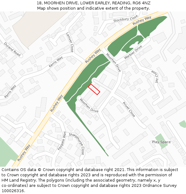 18, MOORHEN DRIVE, LOWER EARLEY, READING, RG6 4NZ: Location map and indicative extent of plot