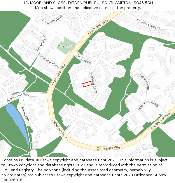 18, MOORLAND CLOSE, DIBDEN PURLIEU, SOUTHAMPTON, SO45 5SH: Location map and indicative extent of plot