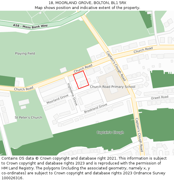 18, MOORLAND GROVE, BOLTON, BL1 5RX: Location map and indicative extent of plot
