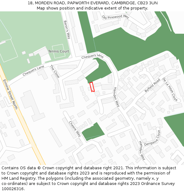 18, MORDEN ROAD, PAPWORTH EVERARD, CAMBRIDGE, CB23 3UN: Location map and indicative extent of plot