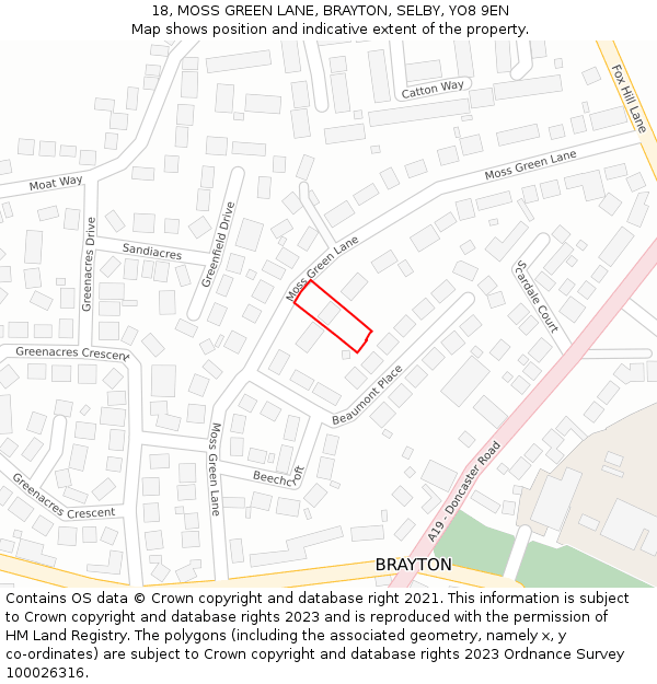 18, MOSS GREEN LANE, BRAYTON, SELBY, YO8 9EN: Location map and indicative extent of plot