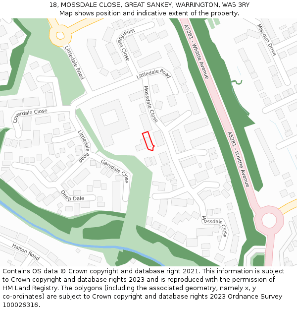 18, MOSSDALE CLOSE, GREAT SANKEY, WARRINGTON, WA5 3RY: Location map and indicative extent of plot