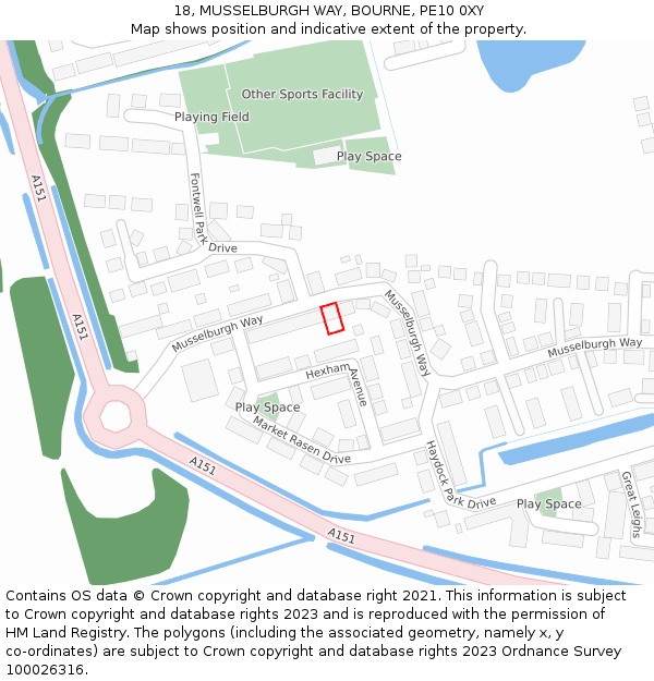 18, MUSSELBURGH WAY, BOURNE, PE10 0XY: Location map and indicative extent of plot