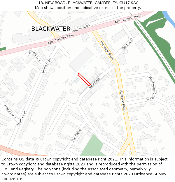 18, NEW ROAD, BLACKWATER, CAMBERLEY, GU17 9AY: Location map and indicative extent of plot