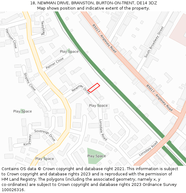 18, NEWMAN DRIVE, BRANSTON, BURTON-ON-TRENT, DE14 3DZ: Location map and indicative extent of plot
