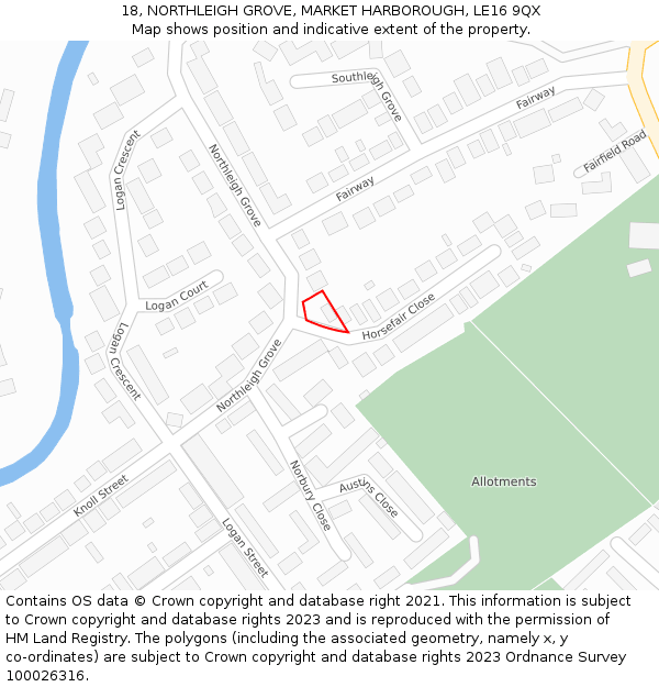 18, NORTHLEIGH GROVE, MARKET HARBOROUGH, LE16 9QX: Location map and indicative extent of plot