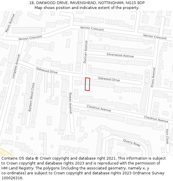 18, OAKWOOD DRIVE, RAVENSHEAD, NOTTINGHAM, NG15 9DP: Location map and indicative extent of plot