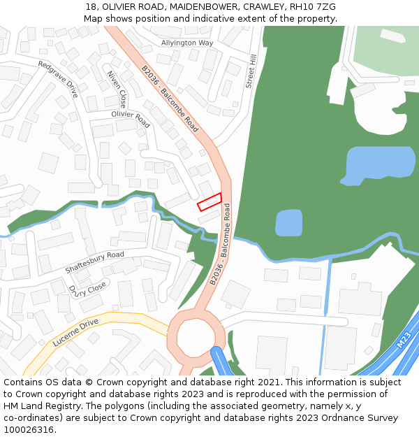 18, OLIVIER ROAD, MAIDENBOWER, CRAWLEY, RH10 7ZG: Location map and indicative extent of plot