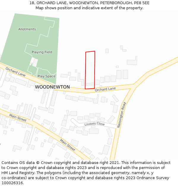 18, ORCHARD LANE, WOODNEWTON, PETERBOROUGH, PE8 5EE: Location map and indicative extent of plot