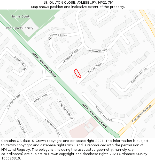 18, OULTON CLOSE, AYLESBURY, HP21 7JY: Location map and indicative extent of plot