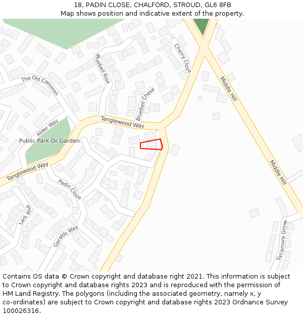 18, PADIN CLOSE, CHALFORD, STROUD, GL6 8FB: Location map and indicative extent of plot