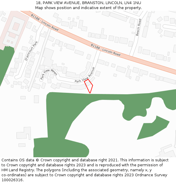 18, PARK VIEW AVENUE, BRANSTON, LINCOLN, LN4 1NU: Location map and indicative extent of plot