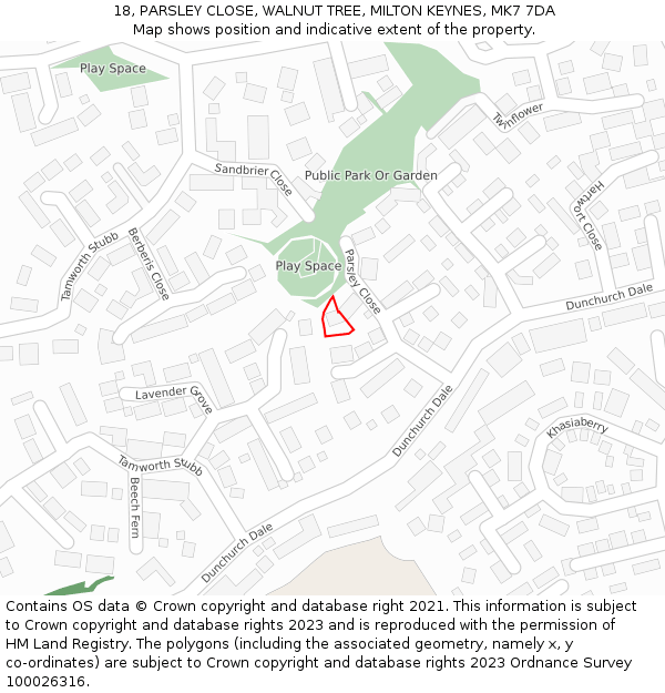 18, PARSLEY CLOSE, WALNUT TREE, MILTON KEYNES, MK7 7DA: Location map and indicative extent of plot