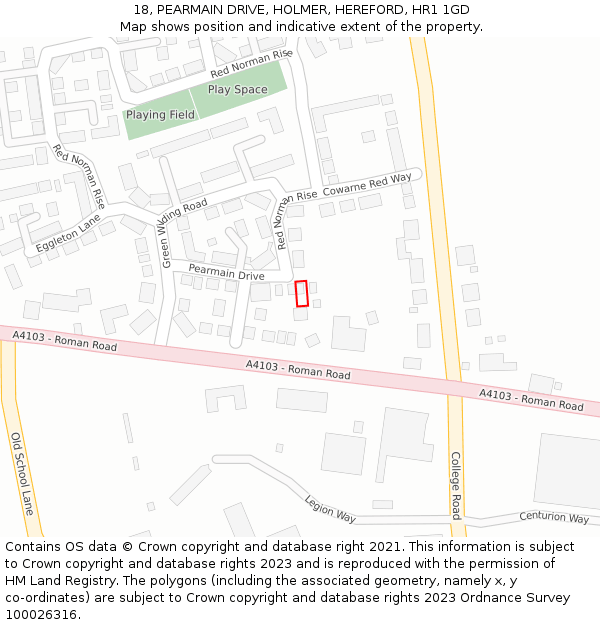 18, PEARMAIN DRIVE, HOLMER, HEREFORD, HR1 1GD: Location map and indicative extent of plot
