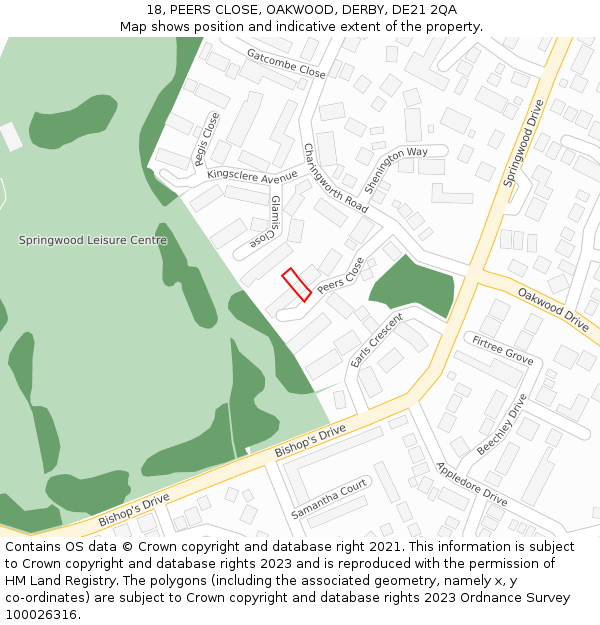18, PEERS CLOSE, OAKWOOD, DERBY, DE21 2QA: Location map and indicative extent of plot