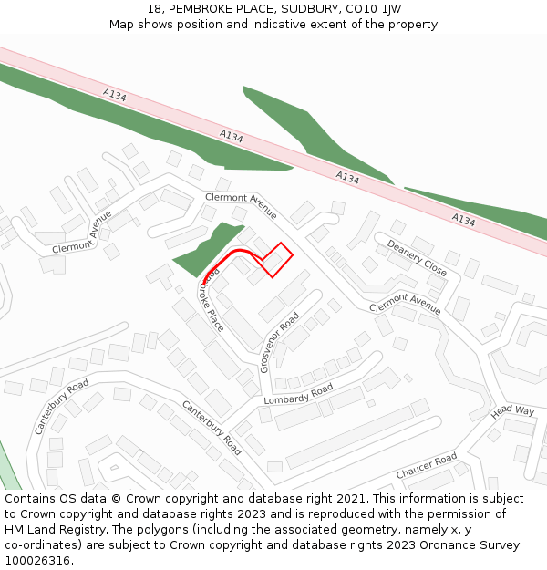 18, PEMBROKE PLACE, SUDBURY, CO10 1JW: Location map and indicative extent of plot