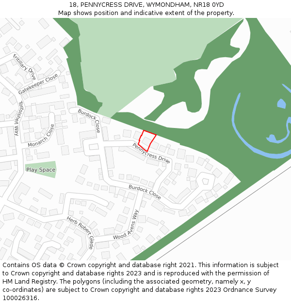 18, PENNYCRESS DRIVE, WYMONDHAM, NR18 0YD: Location map and indicative extent of plot