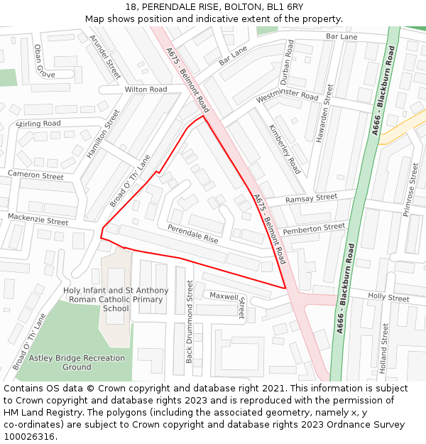 18, PERENDALE RISE, BOLTON, BL1 6RY: Location map and indicative extent of plot