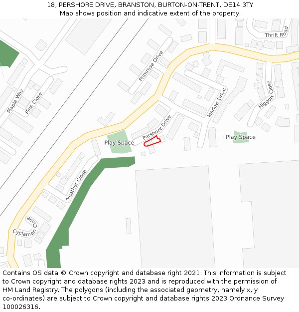 18, PERSHORE DRIVE, BRANSTON, BURTON-ON-TRENT, DE14 3TY: Location map and indicative extent of plot