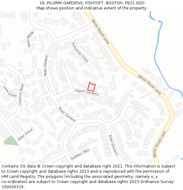 18, PILGRIM GARDENS, FISHTOFT, BOSTON, PE21 0DD: Location map and indicative extent of plot