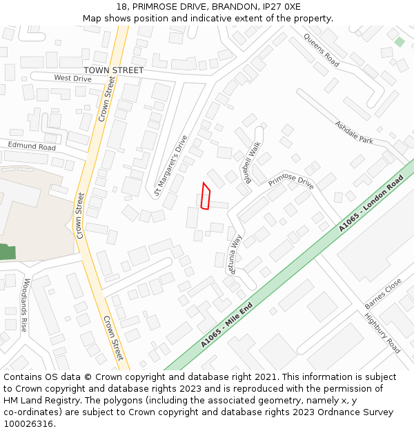 18, PRIMROSE DRIVE, BRANDON, IP27 0XE: Location map and indicative extent of plot