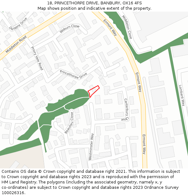 18, PRINCETHORPE DRIVE, BANBURY, OX16 4FS: Location map and indicative extent of plot