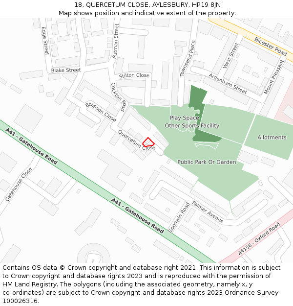 18, QUERCETUM CLOSE, AYLESBURY, HP19 8JN: Location map and indicative extent of plot