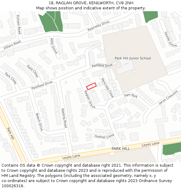 18, RAGLAN GROVE, KENILWORTH, CV8 2NH: Location map and indicative extent of plot