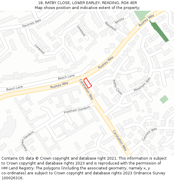 18, RATBY CLOSE, LOWER EARLEY, READING, RG6 4ER: Location map and indicative extent of plot