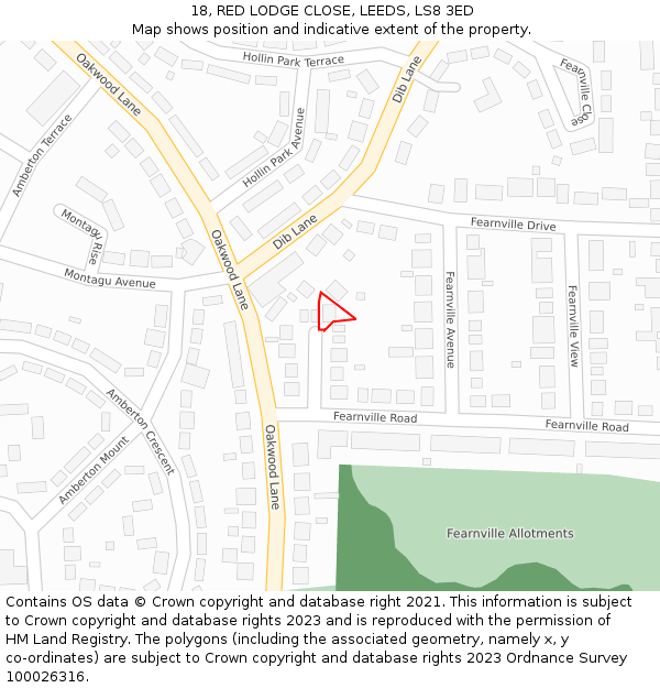 18, RED LODGE CLOSE, LEEDS, LS8 3ED: Location map and indicative extent of plot