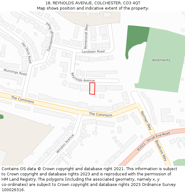 18, REYNOLDS AVENUE, COLCHESTER, CO3 4QT: Location map and indicative extent of plot