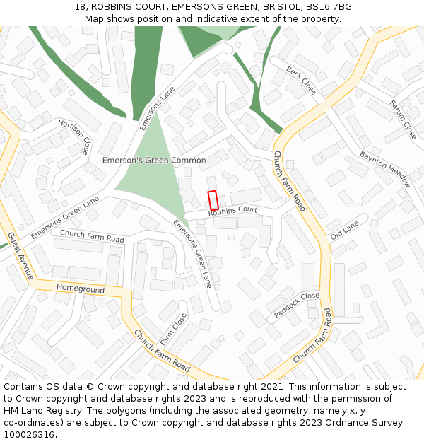 18, ROBBINS COURT, EMERSONS GREEN, BRISTOL, BS16 7BG: Location map and indicative extent of plot