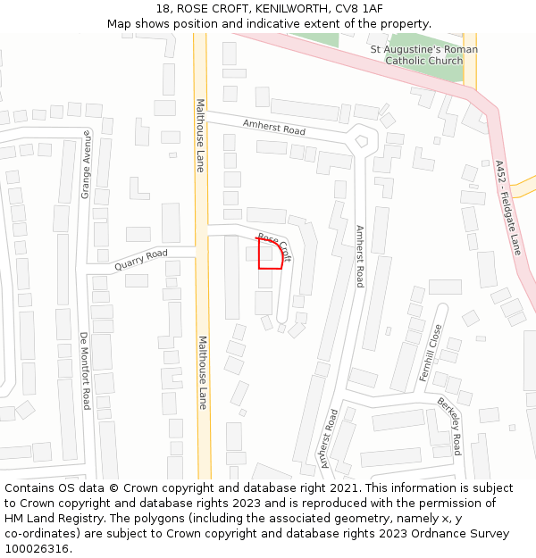 18, ROSE CROFT, KENILWORTH, CV8 1AF: Location map and indicative extent of plot
