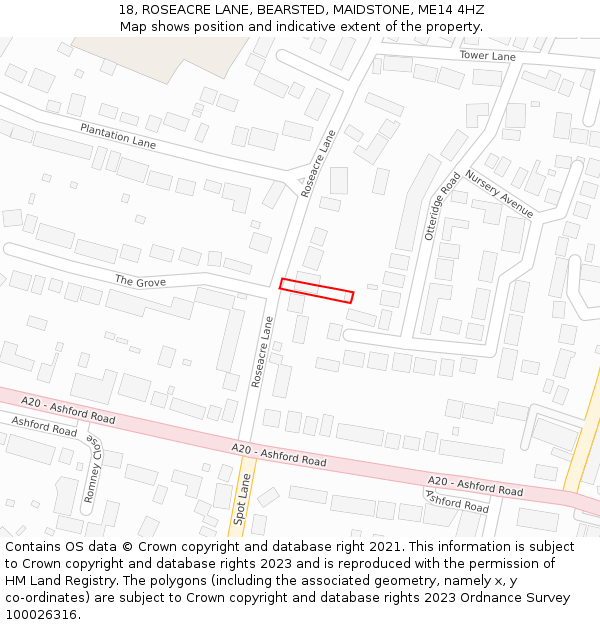 18, ROSEACRE LANE, BEARSTED, MAIDSTONE, ME14 4HZ: Location map and indicative extent of plot