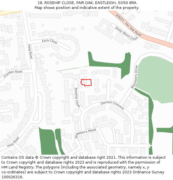 18, ROSEHIP CLOSE, FAIR OAK, EASTLEIGH, SO50 8RA: Location map and indicative extent of plot