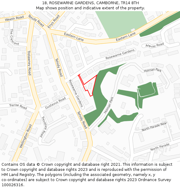 18, ROSEWARNE GARDENS, CAMBORNE, TR14 8TH: Location map and indicative extent of plot