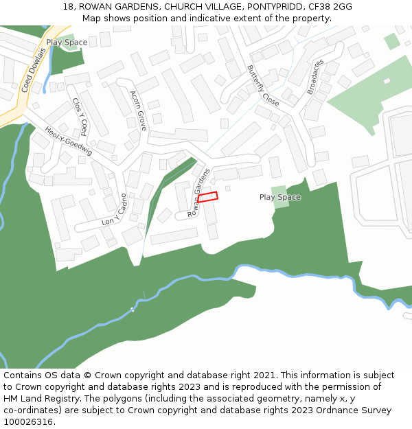 18, ROWAN GARDENS, CHURCH VILLAGE, PONTYPRIDD, CF38 2GG: Location map and indicative extent of plot