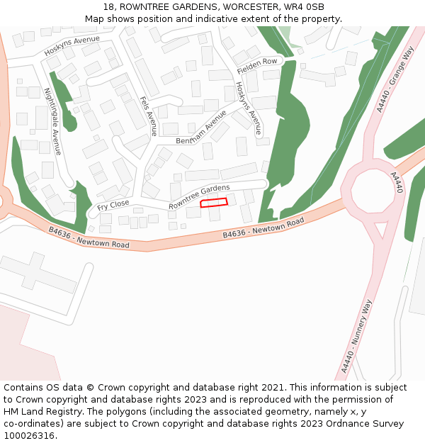 18, ROWNTREE GARDENS, WORCESTER, WR4 0SB: Location map and indicative extent of plot