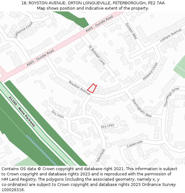 18, ROYSTON AVENUE, ORTON LONGUEVILLE, PETERBOROUGH, PE2 7AA: Location map and indicative extent of plot