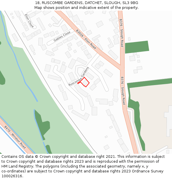 18, RUSCOMBE GARDENS, DATCHET, SLOUGH, SL3 9BG: Location map and indicative extent of plot
