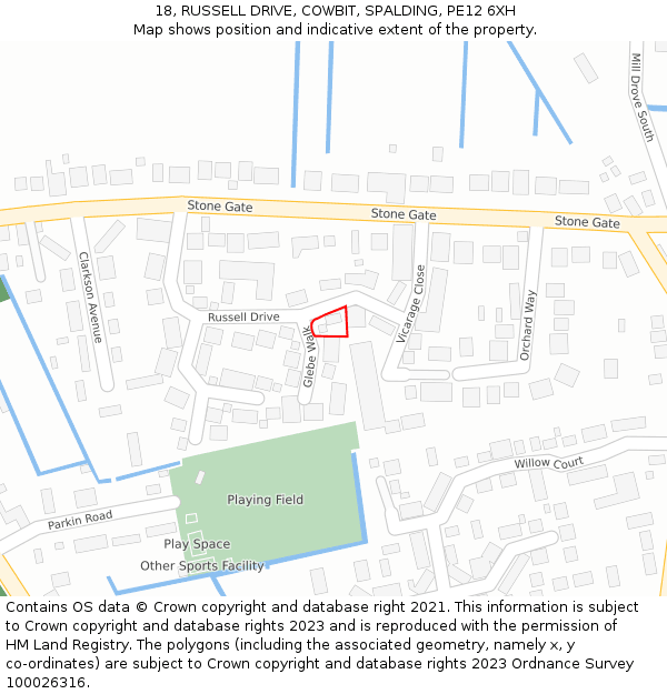 18, RUSSELL DRIVE, COWBIT, SPALDING, PE12 6XH: Location map and indicative extent of plot
