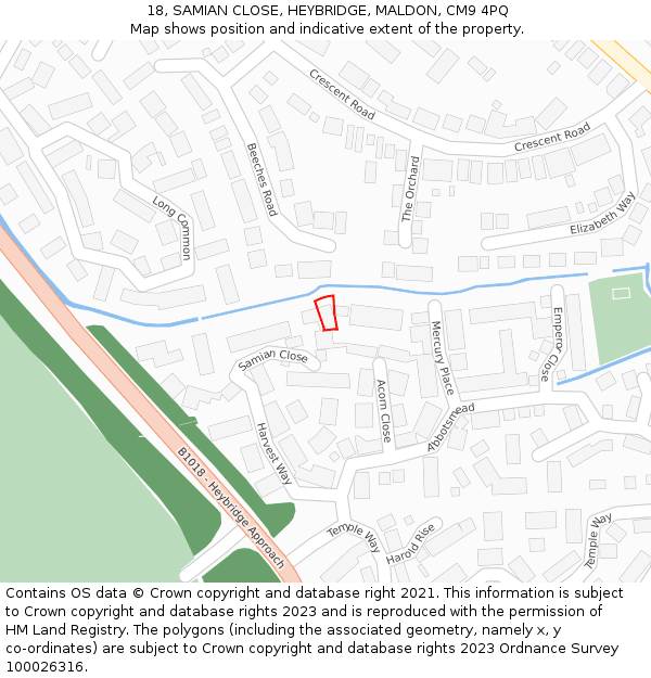 18, SAMIAN CLOSE, HEYBRIDGE, MALDON, CM9 4PQ: Location map and indicative extent of plot