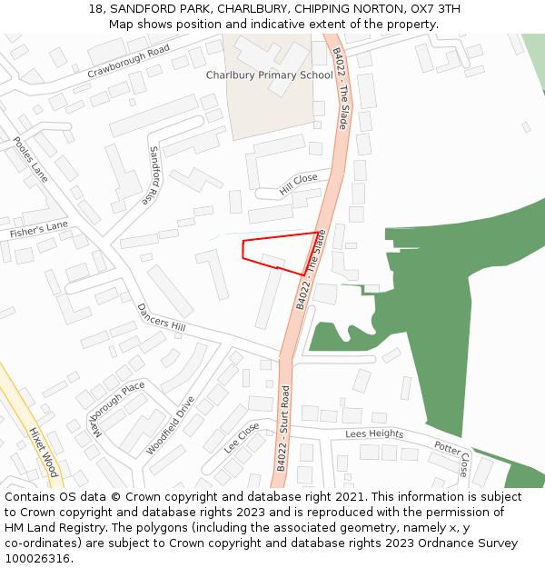 18, SANDFORD PARK, CHARLBURY, CHIPPING NORTON, OX7 3TH: Location map and indicative extent of plot