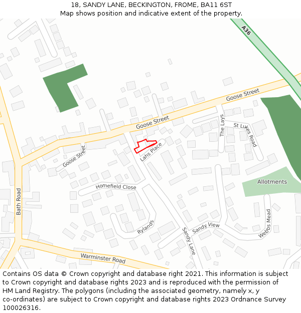 18, SANDY LANE, BECKINGTON, FROME, BA11 6ST: Location map and indicative extent of plot