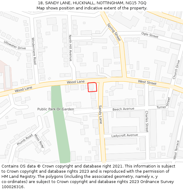 18, SANDY LANE, HUCKNALL, NOTTINGHAM, NG15 7GQ: Location map and indicative extent of plot